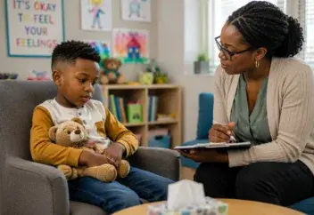 An adult seated beside a child holding a soft toy in a learning room