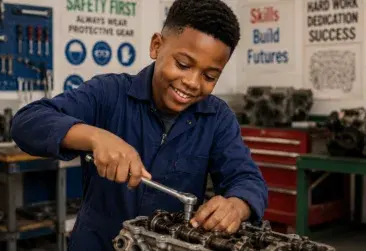 A young learner working with tools on a mechanical component