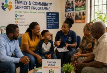 Adults and a child seated together in a group conversation